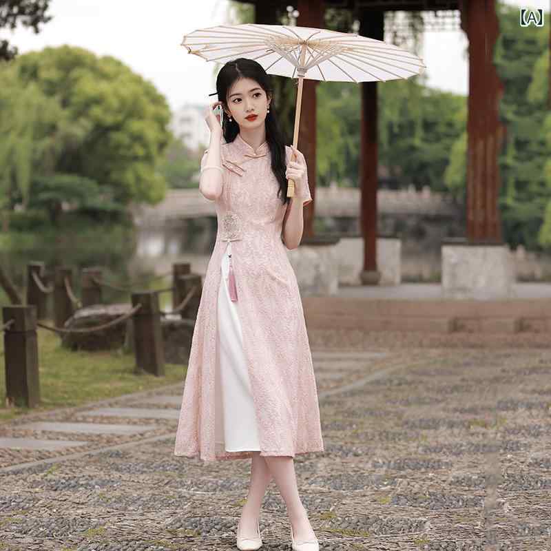 アオザイ チャイナドレス 夏 レディース ワンピース レース レトロ スリットなし ピンク ベージュ