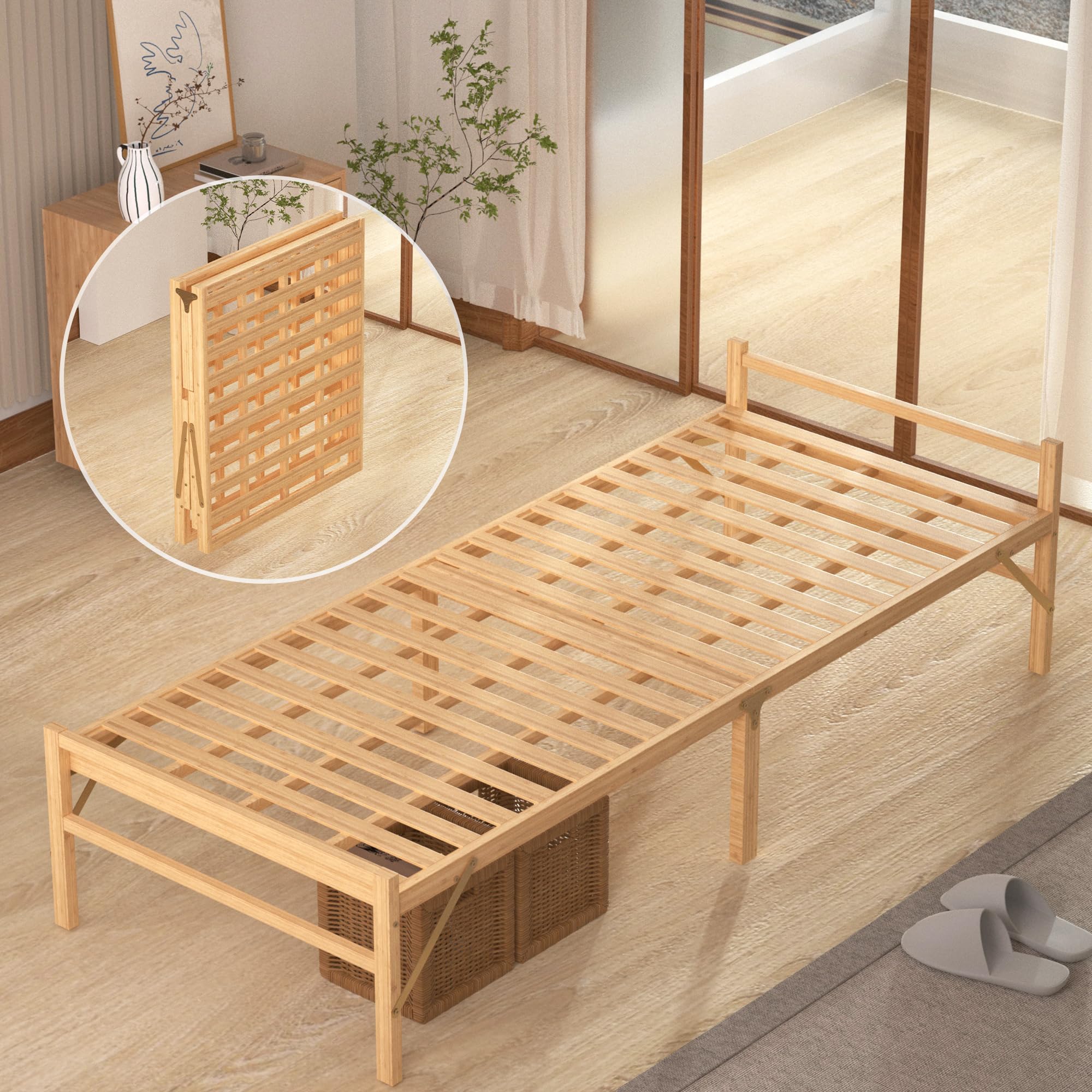 折り畳みベッド 竹製 組み立て不要 横幅80cm ベッド ベッドフレーム 耐荷重200kg シングルベッド ナチュラル