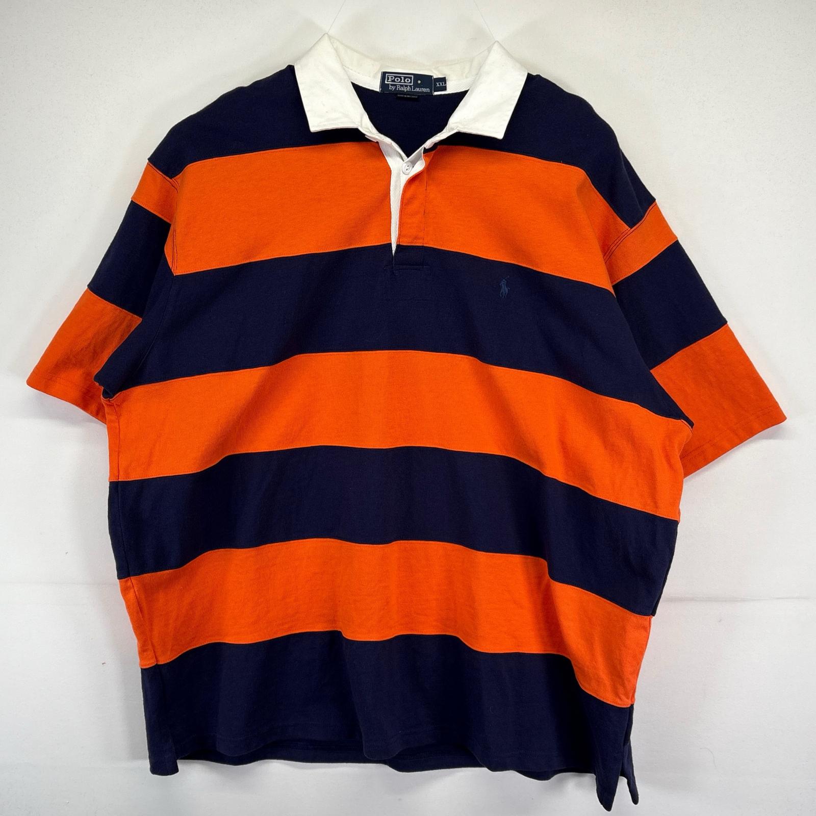 古着 ポロバイラルフローレン Polo by Ralph Lauren 半袖 ポロシャツ ラガーシャツ ボーダー柄 ワンポイントロゴ刺繍 2XL ネイビー メンズ