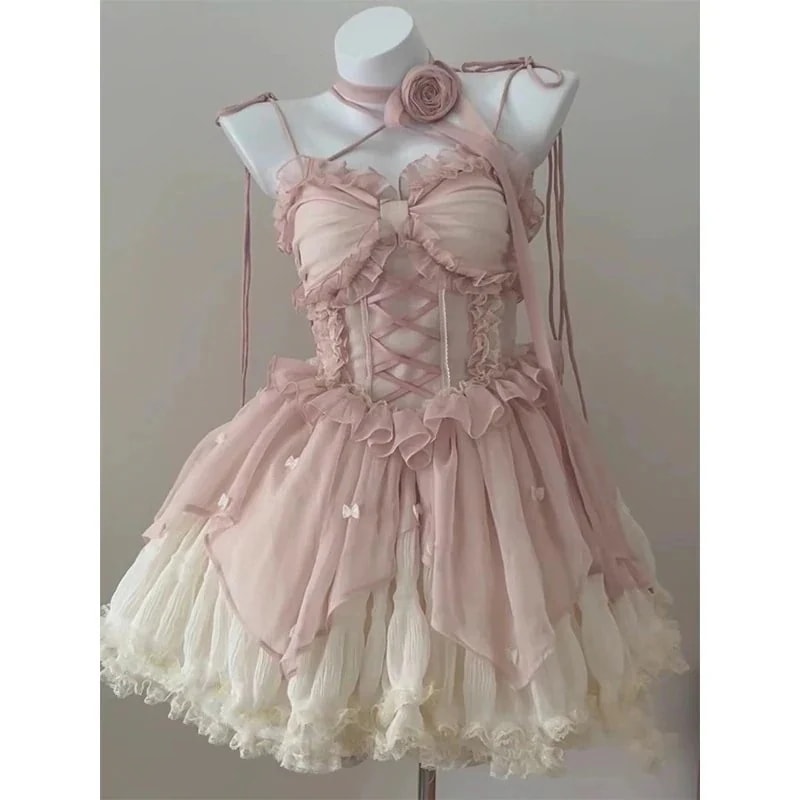 ピンクの優しいバレエロリータドレスドレスフラワーウェディングロリータプリンセスドレス