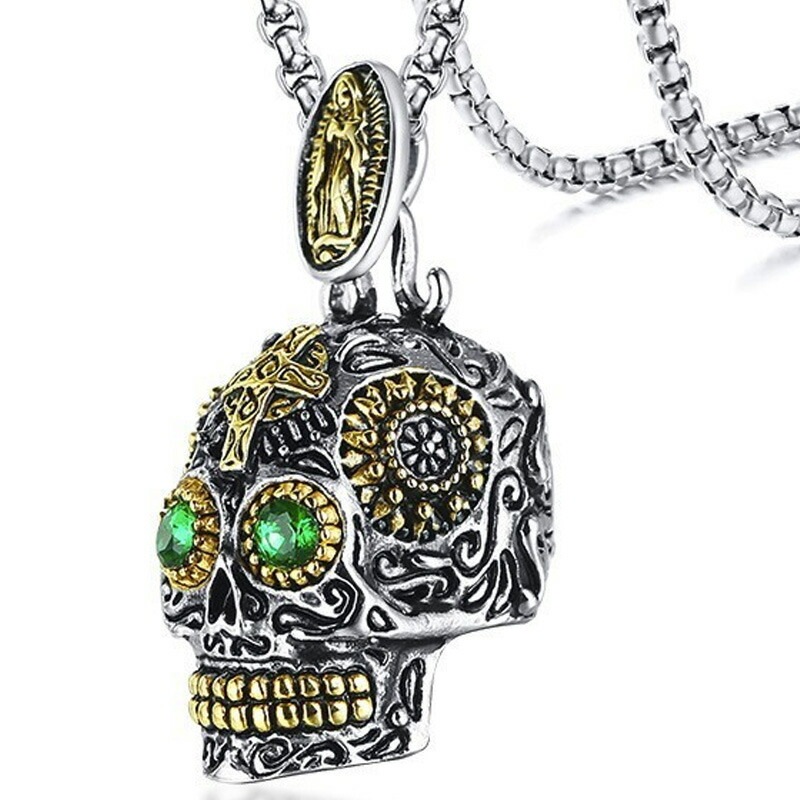 グリーンアイロザリオゴールドスカルステンレスネックレス(60cmのリングステンレスチェーン付き) 鎖 ネックレスチェーンつき ペンダントトップ サージカルステンレス316L stt00-00-0727 8,514円