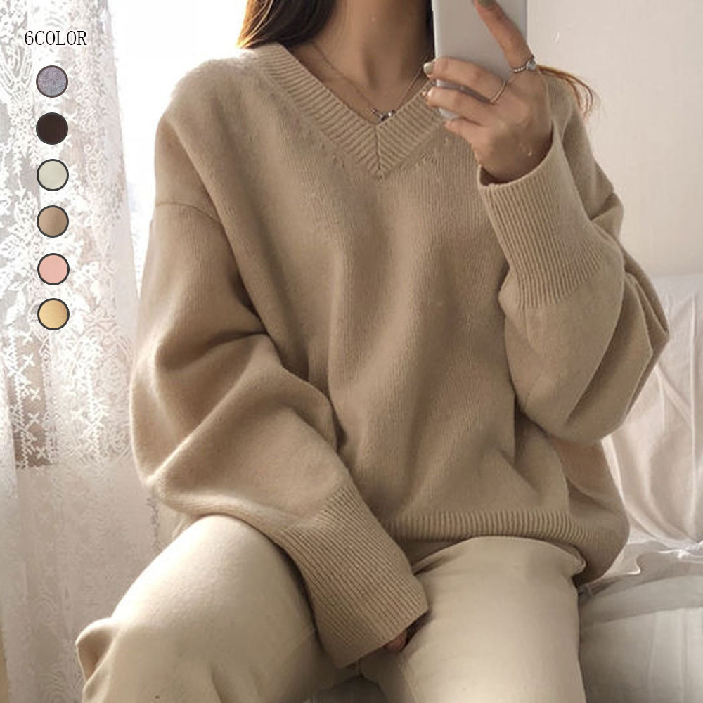 韓国ファッション レディース服 6色 ニットトップス Vネックックタートルネック