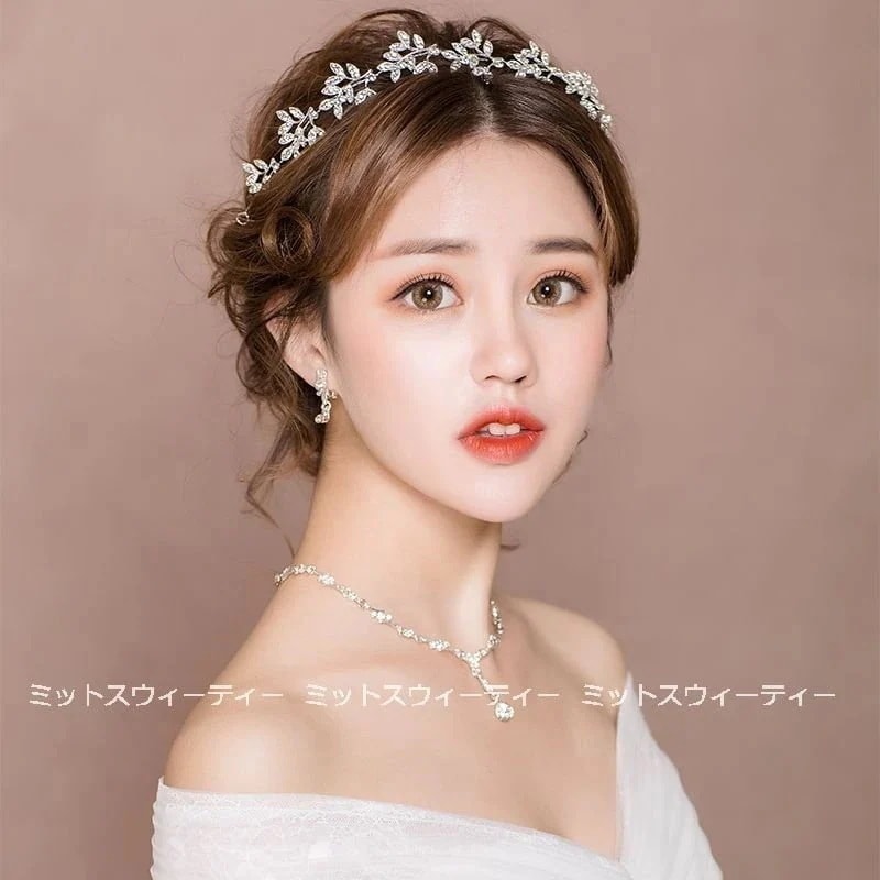 【1つ買うと1つ無料】カシャ リーフ ラインストーン ネックレス イヤリング ティアラ ヘアアクセサリー 結婚式 二55