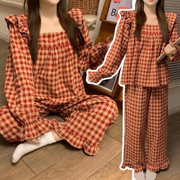 パジャマ 上下セット ルームウェア ブラ付き 春 夏 ネグリジェ プリンセス風 チェック柄 レディース エレガント 長袖 ゆったり ロング丈 大きいサイズ 部屋着 寝巻き 韓国風 きれいめ おしゃれ