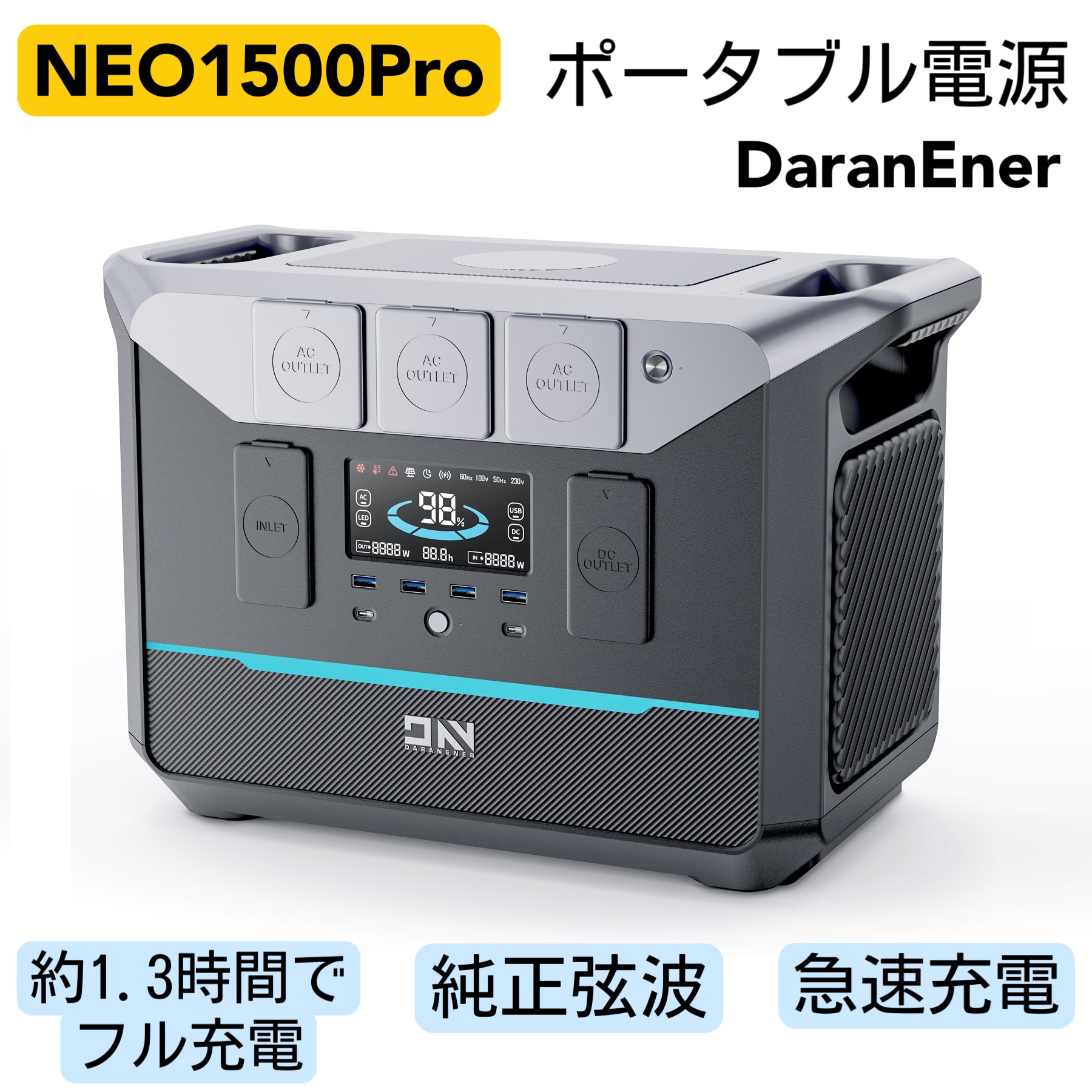 ポータブル電源 NEO1500 Pro 1800W/1382.4Wh 1.3時間フル充電 600Wソーラー急速充電 MPPT制御方式採用 DaranEner 最大5年保証 正規代理店 63,745円