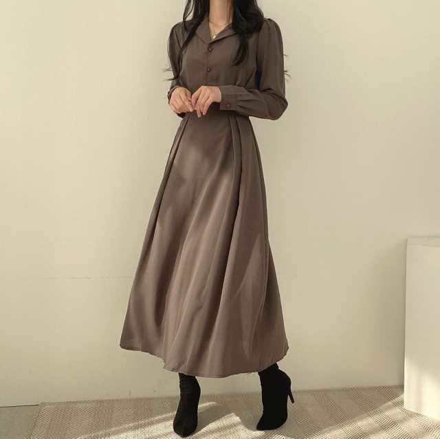 ロングワンピース個性襟付きボタン長袖タックドレスラインフレアかわいい大人可愛いきれいめ上品シンプルカジュ