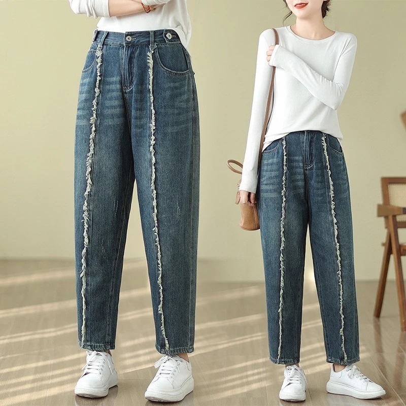 ひんやりボトムス 大きめ コントラストカラー デニムハーレムパンツ レディース カジュアル 9分丈パンツ 伸縮性のあるウエスト デニムパンツ テーパードパンツ