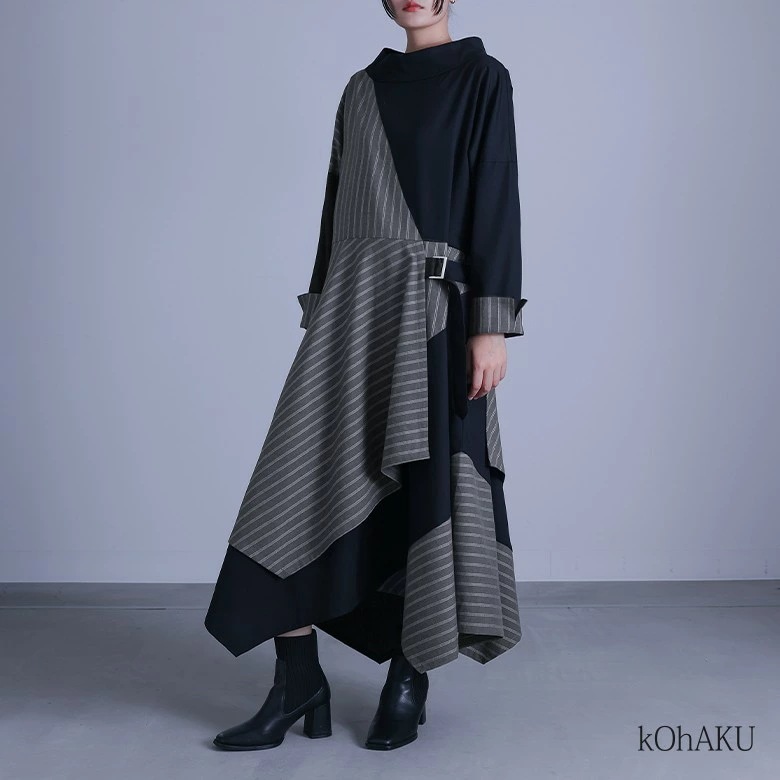 【激安販売】ワンピース ロングワンピース 長袖ワンピース レディース 春 秋 冬 マキシ丈 長袖 フレア アシンメトリー 切替 スタンド襟 無地 ストライプ 異素材 異素材