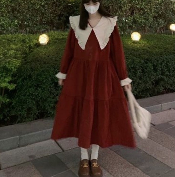 ワンピース デート かわいい 大人可愛い きれいめ シンプル カジュアル 大人 上品 おしゃれ 襟付き フリル ティアード ロング丈 長袖 薄手 春 夏 秋 韓国 ブラック レッド 無地 コーデ モテ