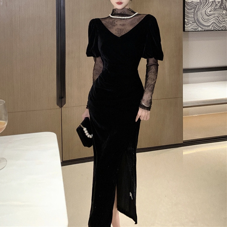 レース ベロア タイト ロングワンピース シアー 長袖 レディース ドレス 透け感 異素材ミックス きれいめ レトロ エレガント フォーマル ラグジュアリー 無地 花柄 謝恩会 お出かけ パーティー