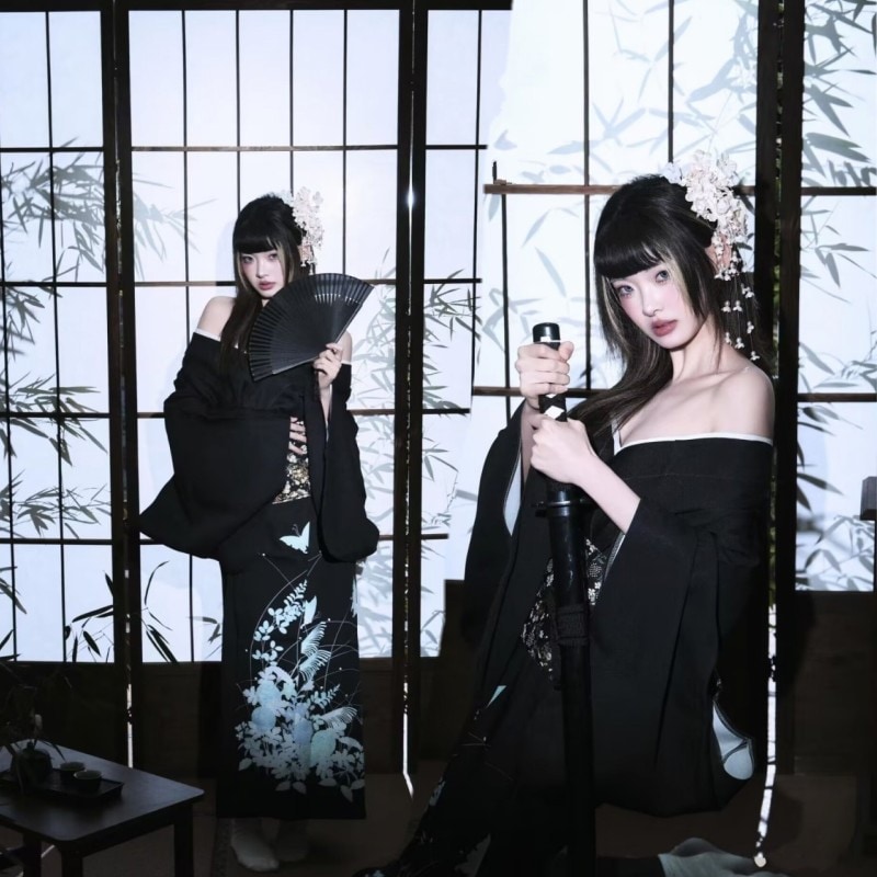 気 黒系改良着物 正装浴衣ワンピース 日本風 女性写真衣装