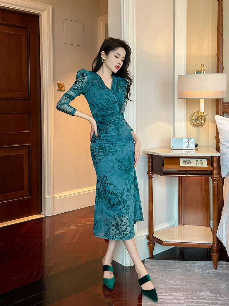 ワンピース ドレス 膝丈 秋 新作 Vネック フローラル スリム スリムフィット チュール