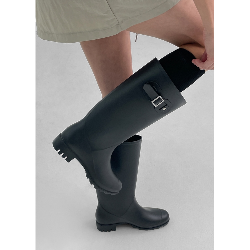 ブラックアップラブールバックルロングレインブーツ