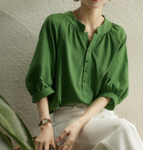 トップス シャツ ブラウス 袖あり 7分袖 七分袖 ボリューム袖 バルーンスリーブ Vネック 襟なし ノーカラー ワイド スリット バックスリット 綿 コットン かわいい 大人可愛い シンプル