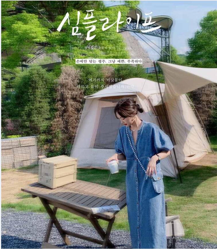 韓国ファッション シャツワンピース ロング デニムワンピースワンピースデニムロング半袖レディースきれいlめロングワンピースゆったりaラインワンピおしゃれ低身長スキッパーカラー