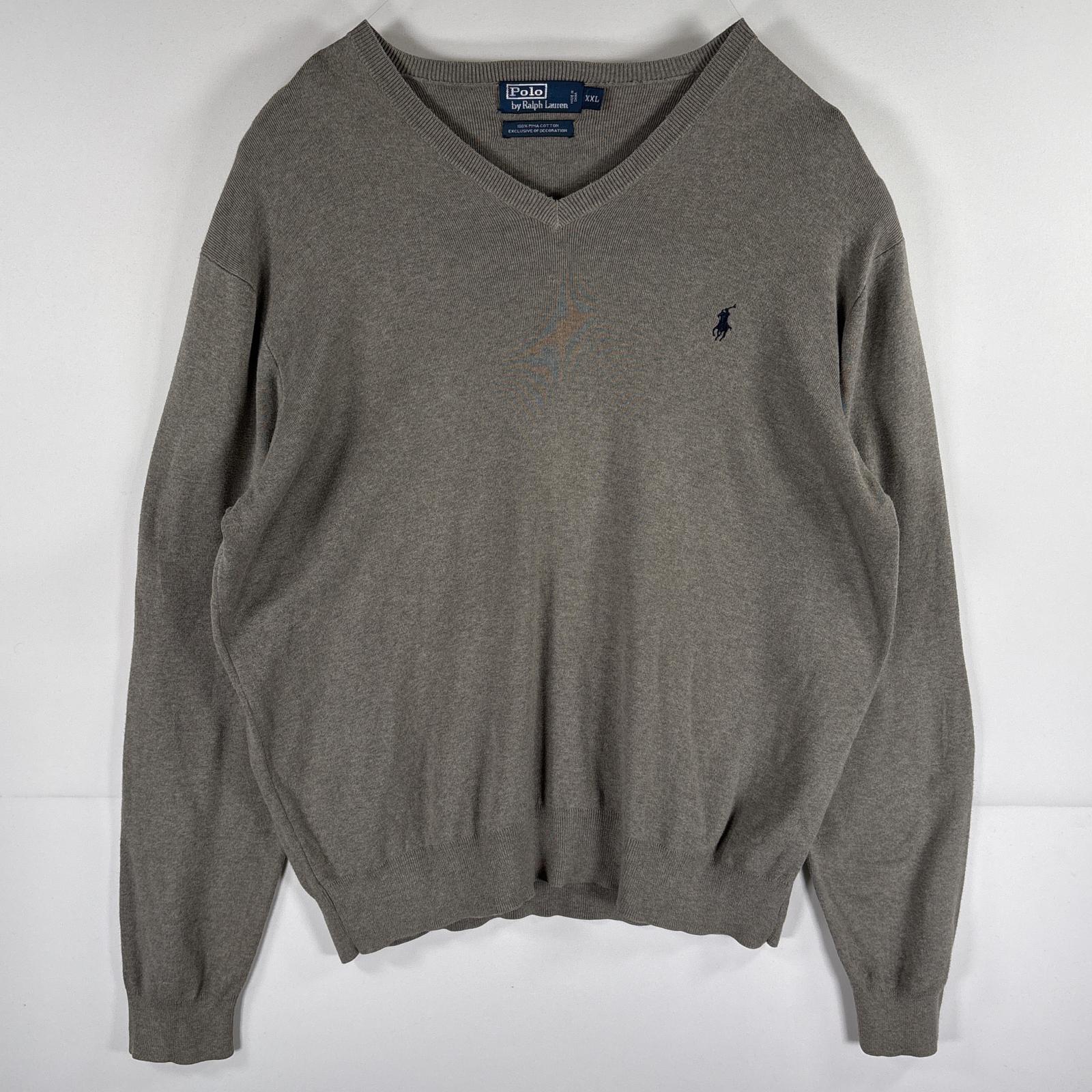 古着 90s/90年代 ポロバイラルフローレン Polo by Ralph Lauren コットンニットセーター Vネック ワンポイントロゴ刺繍 XXL グレー メンズ
