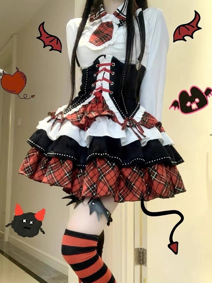 【送料無料】レディース ワンピースロリータ ワンピース 悪魔っ娘制服ロリータハンサムアビーシャツコントラストカラーセット