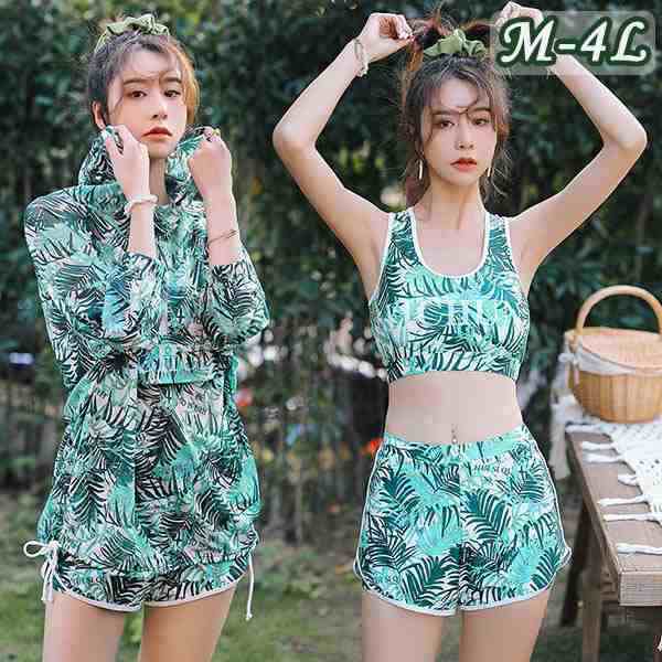 水着 レディース 水着 体型カバー タンキニ 3点セット ラッシュガード ボタニカル柄 長袖 パーカー フード ぽっちゃり日焼け防止 総柄 上下セット体型カバ