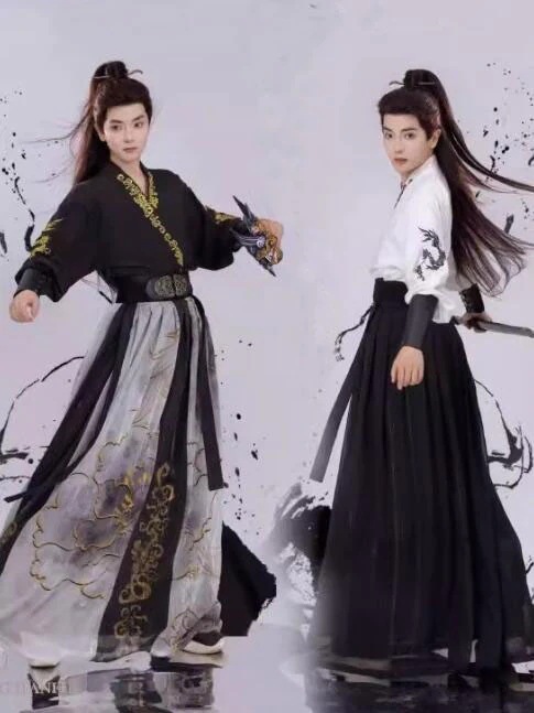 大人 漢服 チャイナ服 中華コスプレ 衣装 ベルトと袖バカー付き4点セット 武侠 侠客風 交差襟 チャイナ衣裳 中華服 エスニック 花 龍刺繍 光沢感有りの袴風巻きスカート メンズ レディース 男女兼 4,676円