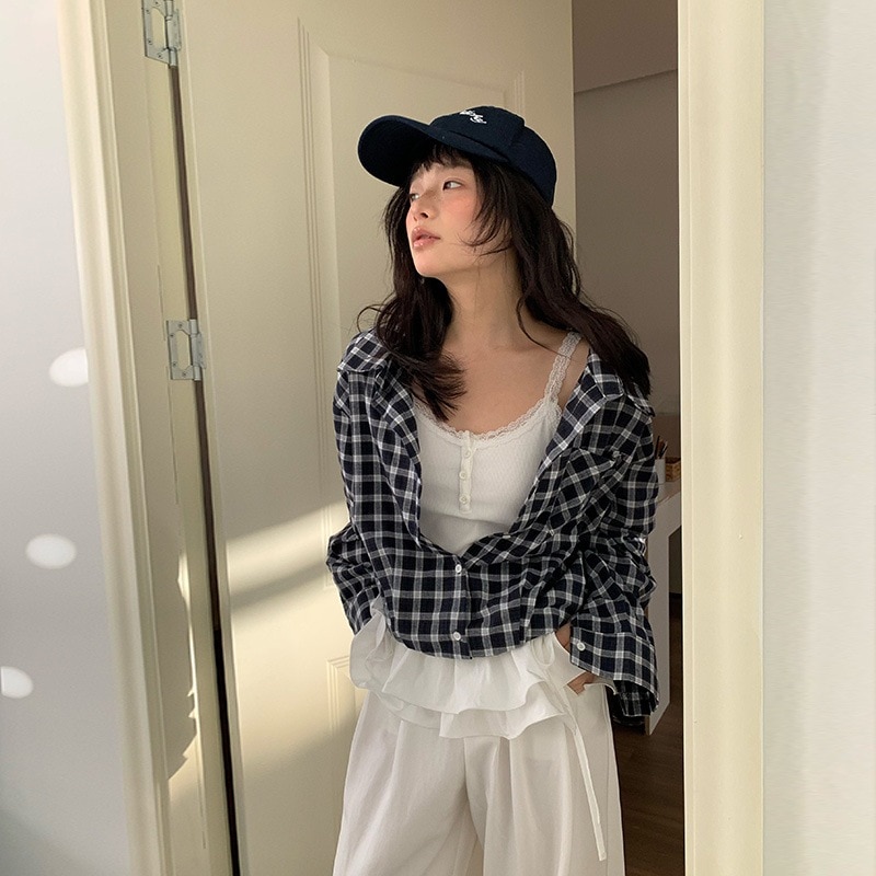 Neihe Neihe Neihe Design Sense Plaidシャツスプライスされたシャツニットニットニットシャツフェイク2ピースセットセットレディース252178