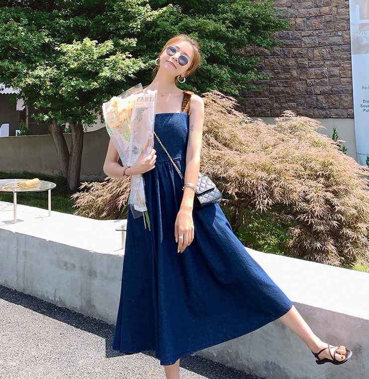 デニムワンピース ワンピース フレアワンピース ロング ロング丈 袖なし ノースリーブ スクエアネック フレア Aライン ハイウエスト デニム かわいい 大人可愛い きれいめ シンプル カジュアル