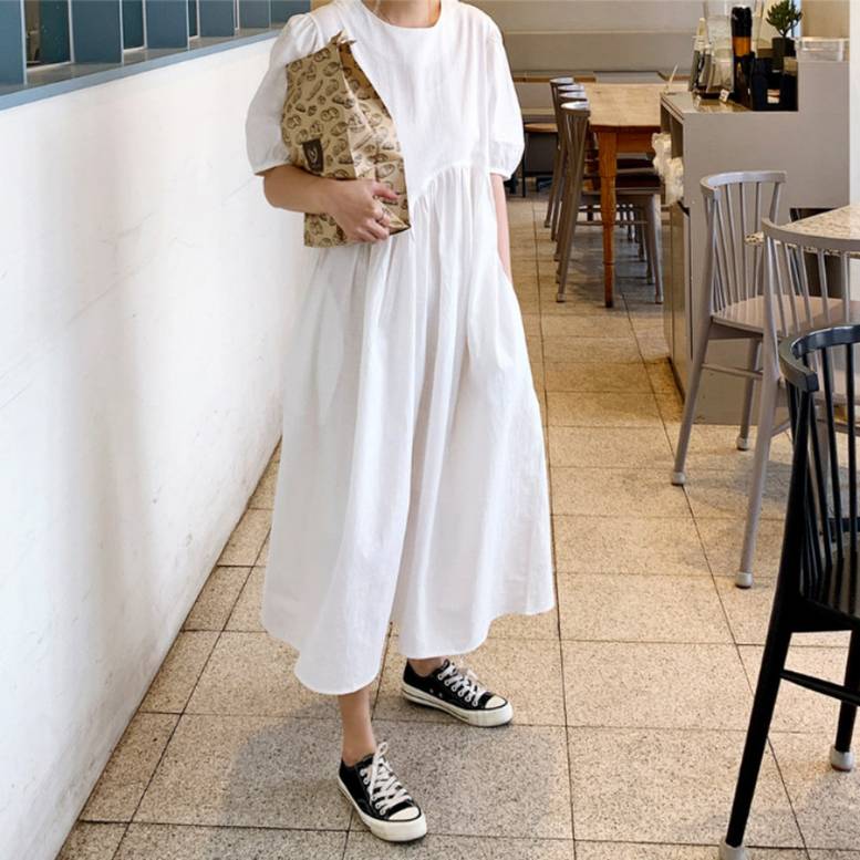 2color レディース タックワンピース ギャザーロングワンピース コットンリネンワンピース ドレ