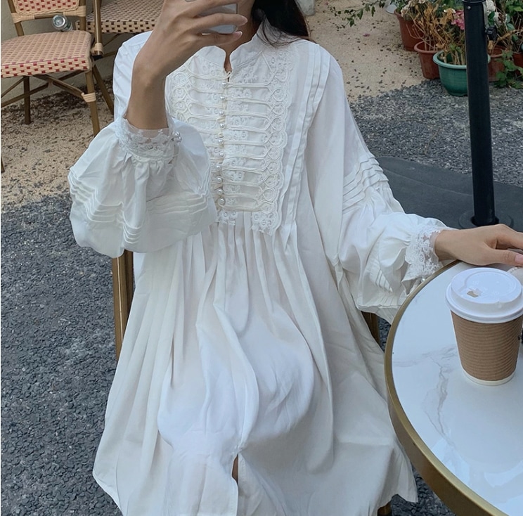 ミニ丈ワンピース ワンピース フレアワンピース ワンピドレス ミニ ミニ丈 袖あり 長袖 スタンドカラー フレア レース シフォン 切り替えデザイン かわいい 大人可愛い きれいめ シンプル