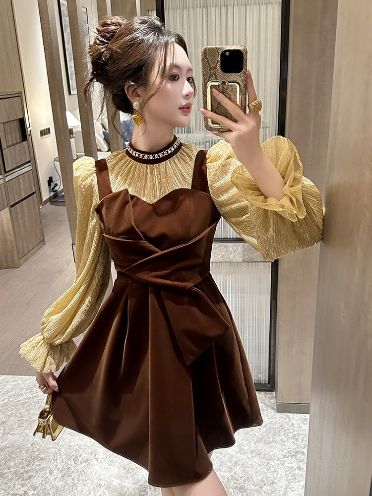 春 フリル ワンピース ニセ2セット 長袖 ドレス パーティー キャバ 大人 同窓会 披露宴 卒業式 結婚式 演奏会 ウェディング 二次会 メガ割