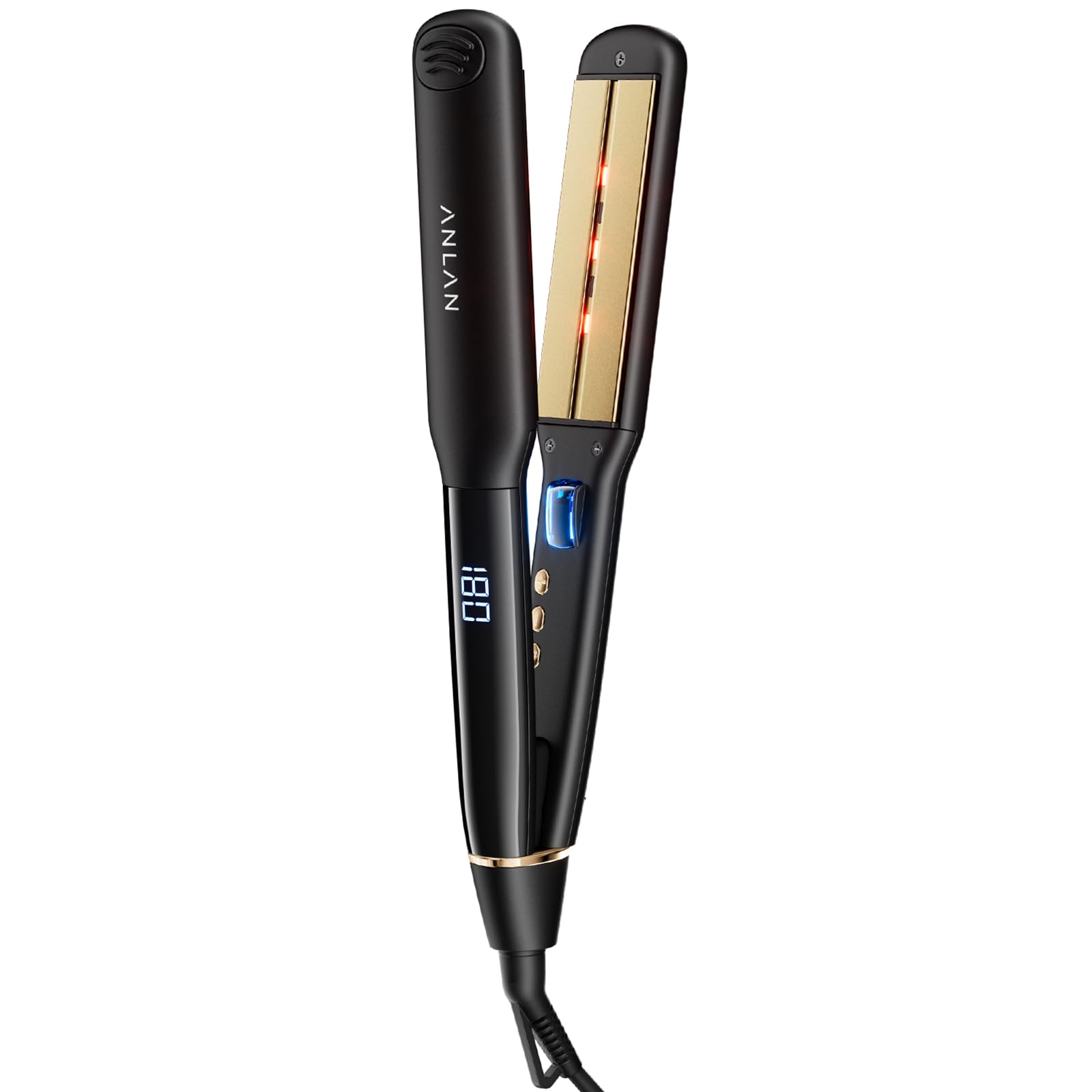 ANLAN ストレートアイロン ヘアアイロン 赤色LED 近赤外線 マイナスイオン 36mmワイドプレート 時短 急速加熱 100℃～230℃ ツヤ髪 2Way ストレート カール プレセント(ブラッ