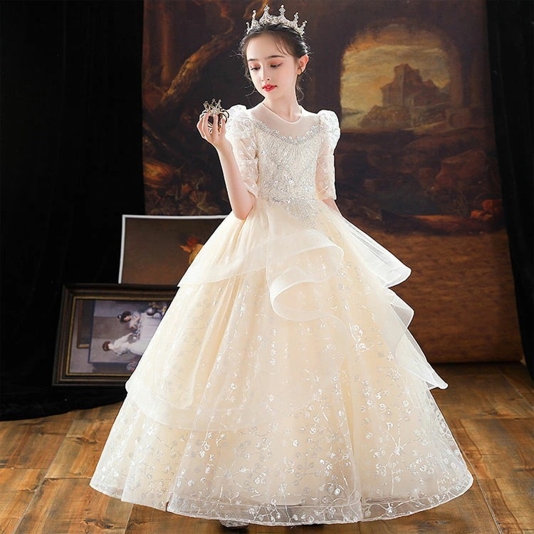 子供ドレス ピアノ発表会ドレス ロングドレス シャンパン色 フレア フリル プリンセスドレス 女児ドレス 演奏会ドレス スパンコール シンプル キッズドレス 5分袖 長袖 2タイプ 100~160cm 4,914円