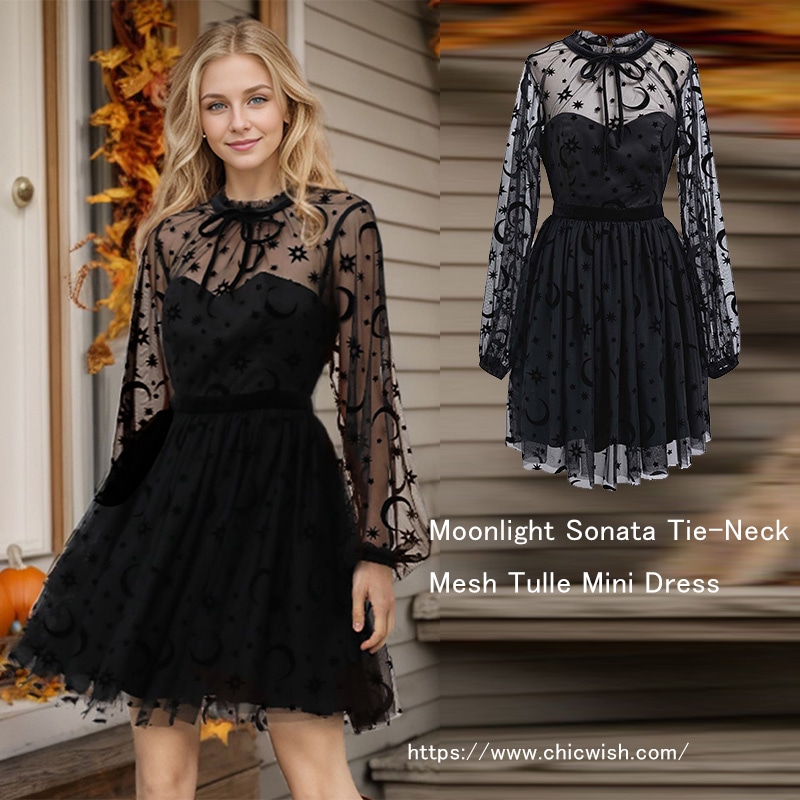 リボンネックメッシュチュール ブラックミニワンピース 5,100円