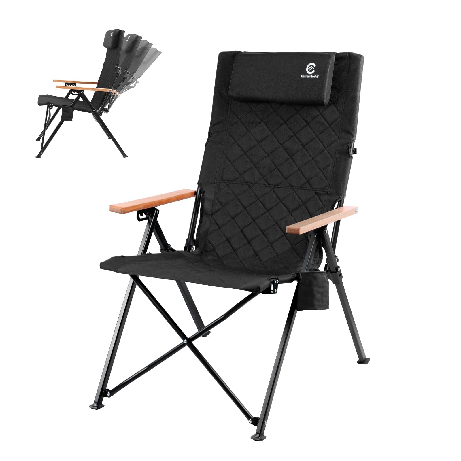 アウトドアキャンプリクライニングチェア ヘッドレストとカップホルダー付き4段階傾斜なハイバックチェア コンパクトに折りたたみ収納可能なアウトドアチェア 便利な収納バッグ付き (ブラック)