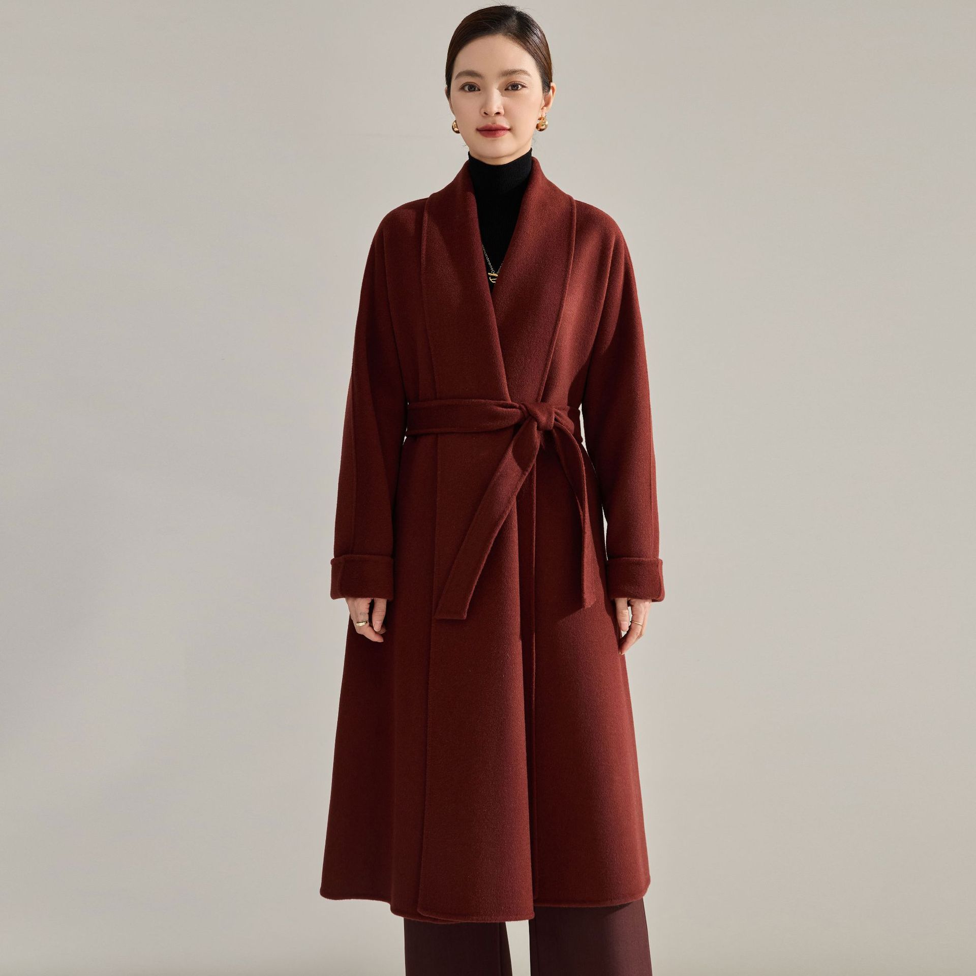 24冬の赤いリボンのけだるい襟の長いバスローブウールコートのリバーシブルウールコート15875アウター アウター 冬 コートコートウールコートアウター レディースファーコート