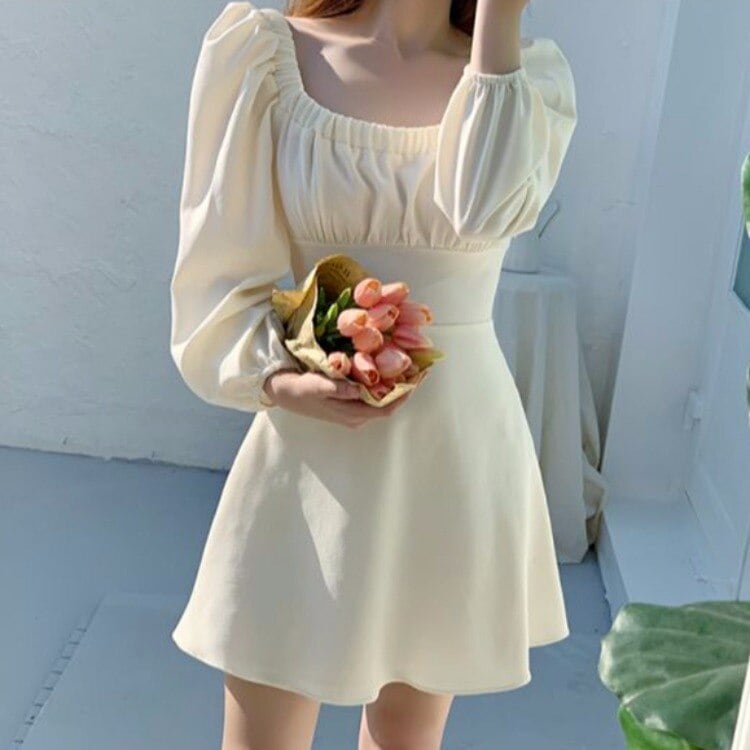 2色 ワンピース 長袖 春夏 かわいい aライン aライン Aライン フレア ワンピドレス ミニ ミニ丈 ショート ショート丈 膝丈 ひざ丈 膝上 袖コンシャス 萌袖 スクエアネック フレア セミフレ