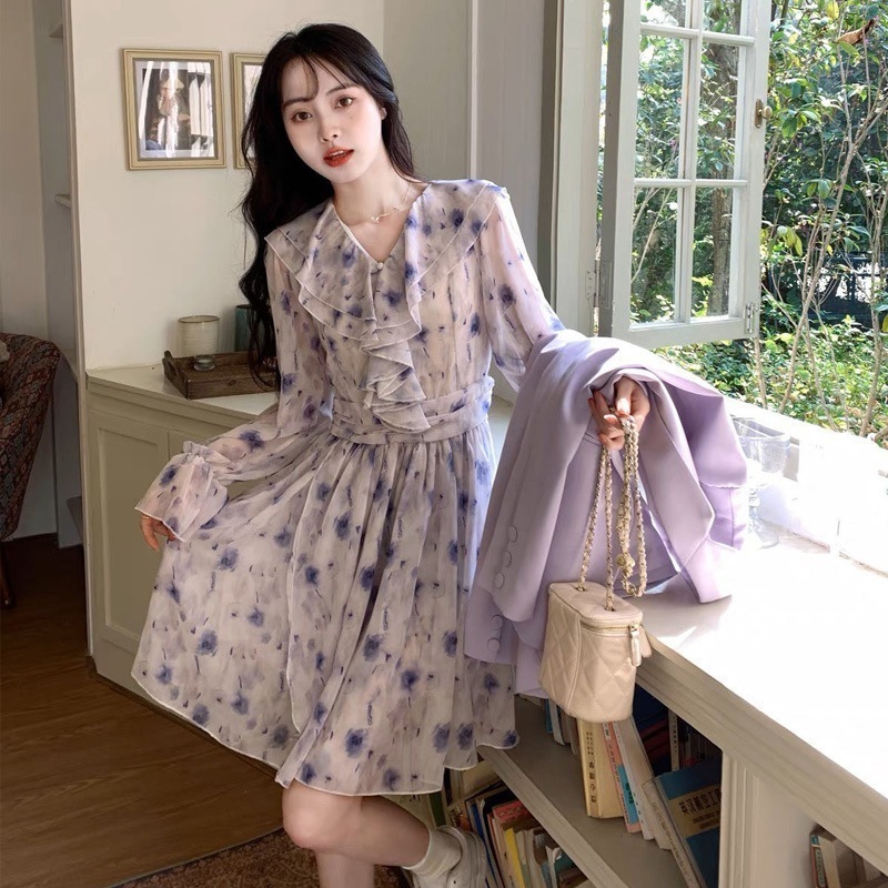 ティーブレイクフレンチ花柄長袖フリルワンピース秋の女性用新スタイルウエストvネックティー風味ミニスカート