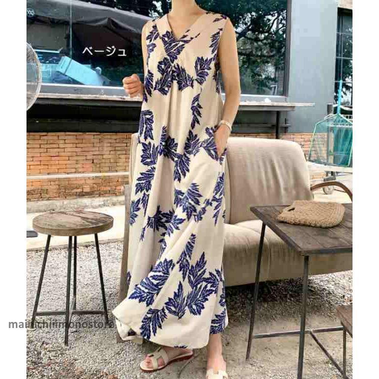 サマードレス 多用途ドレス ムームー ルーズ ノースリーブ ハワイアン柄 花柄ドレス ロング丈 スイングタイプ 薄い プリント Vネック プ 4,847円