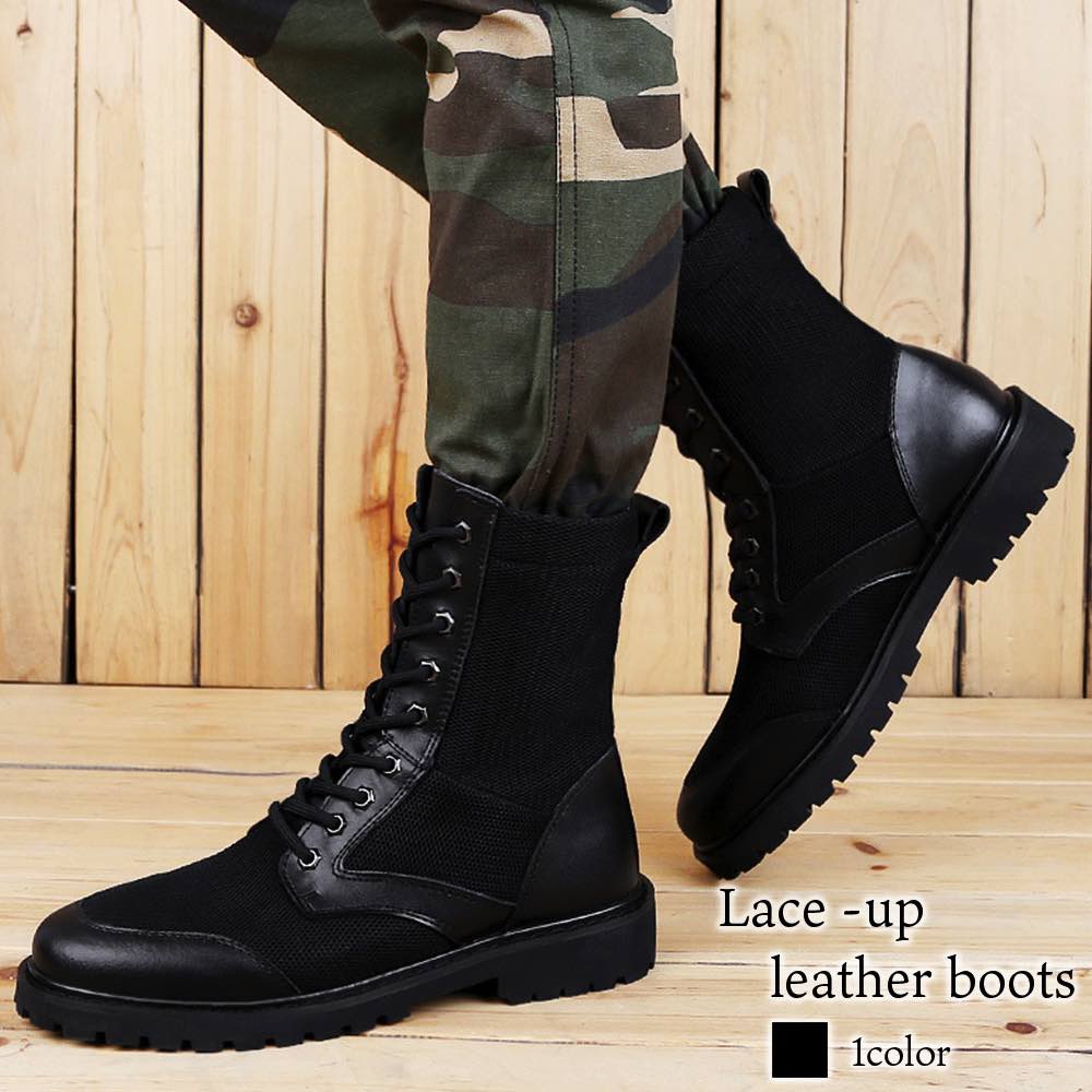 ブーツ メンズ レースアップレザーブーツ 完全 シューズ 冬 フロント ルーム 秋 モード あったか ブーツハイカット ブランド 幅広 滑らない 靴 夏 軽い 春 セット 黒 革 洗える レザー ワー
