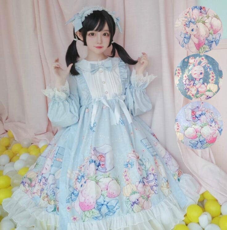 甘いロリータ服 甘ロリ ロリータワンピース 長袖ワンピース 可愛いロリータ服 ウサギ柄 リボン
