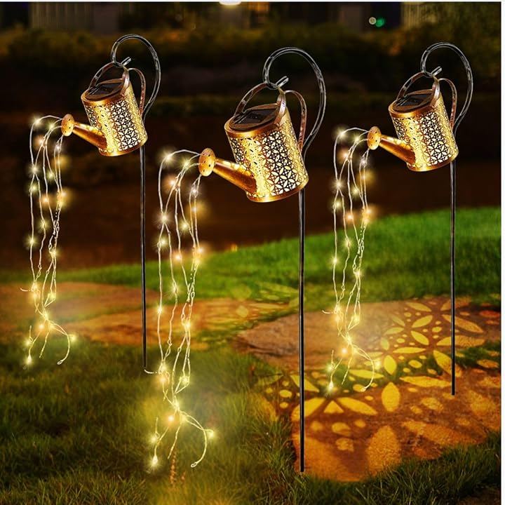 ソーラーライト じょうろ 屋外 ガーデニング ガーデン おしゃれ 雑貨 (ブラウン, ３個セット)