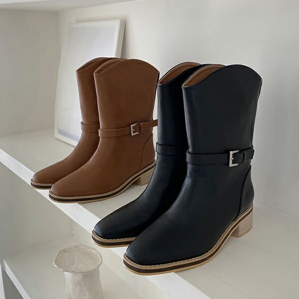 ショートブーツ ウエスタンブーツ スクエアトゥ ベルトモチーフ レディース 黒 茶