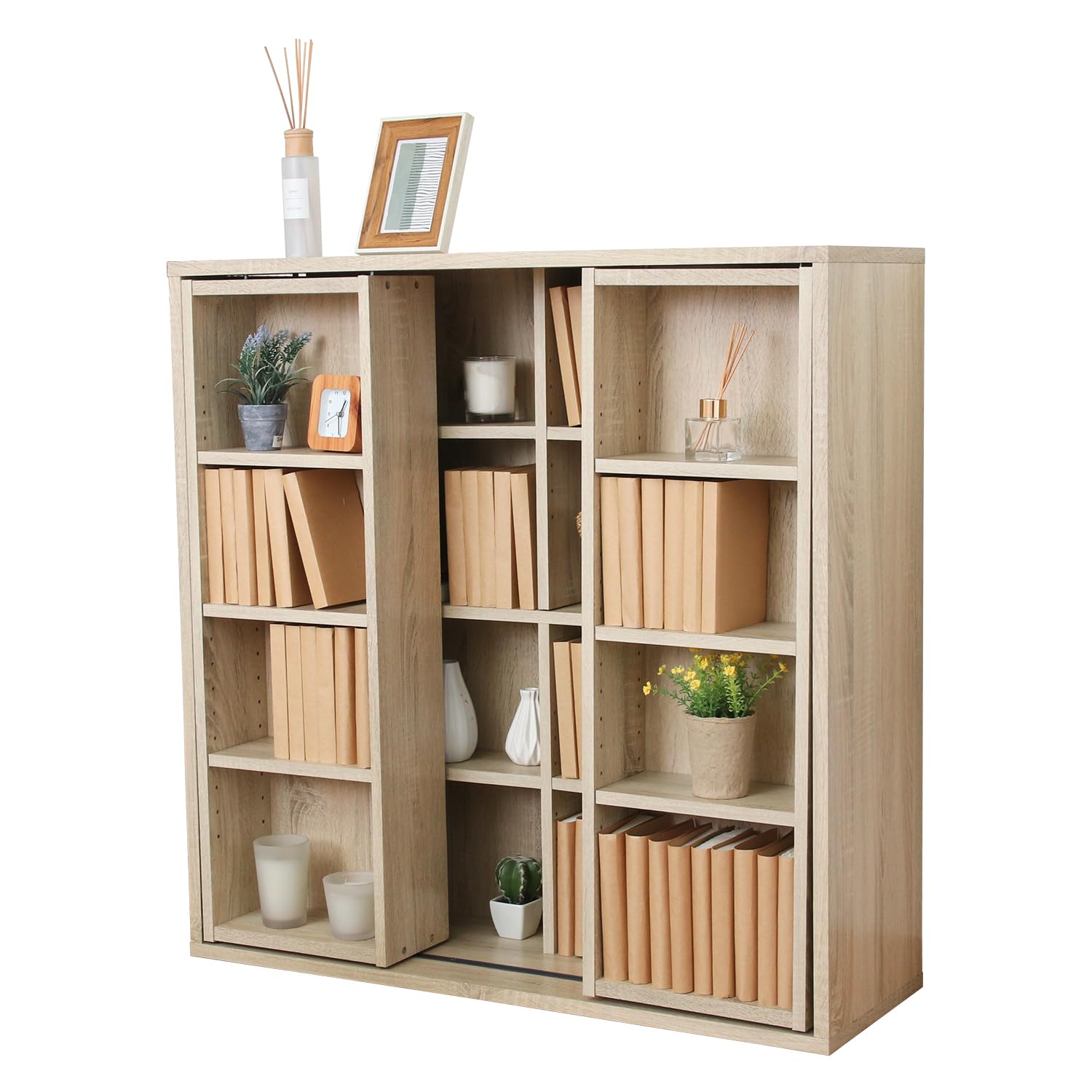 不二貿易 本棚 ダブルスライドラック 幅89×奥行29×高さ89cm オーク 大容量 コミックス 収納棚 可動棚 73414