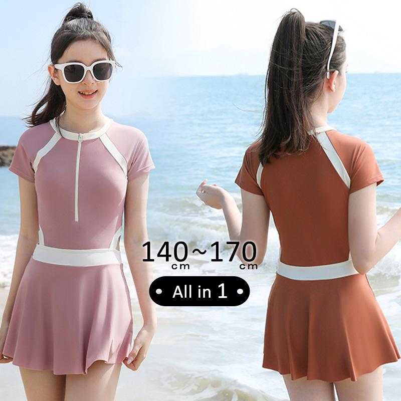 キッズ水着 女子 ワンピース オールインワン スポーティー バイカラー ハーフジップ トレンド 旅行 夏 海 プール リゾート