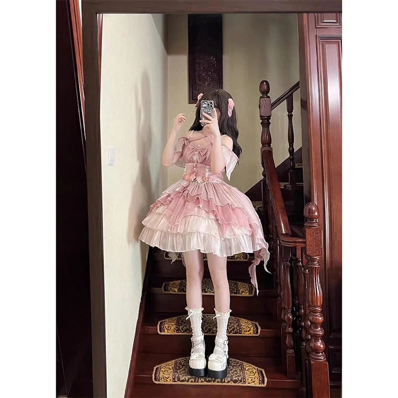 ロリータ ピンク花柄ロリータドレスJSKロリータ姫ドレスワンピース