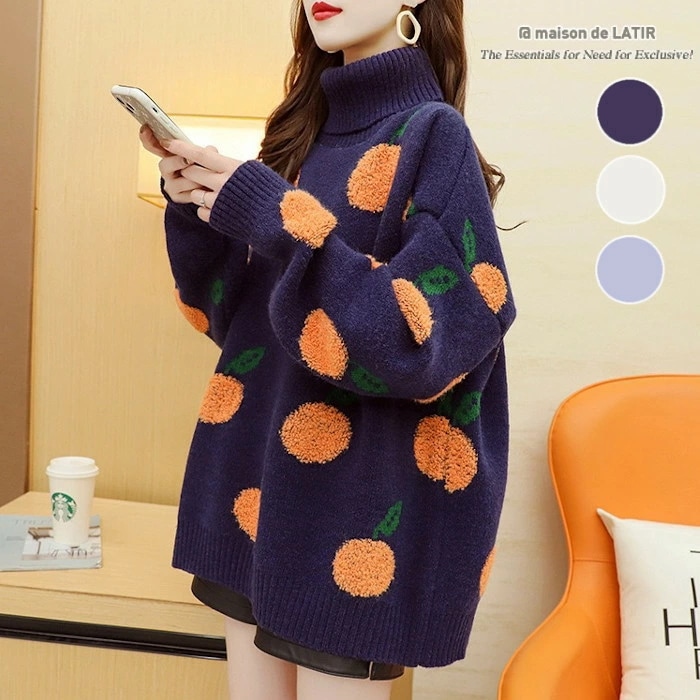 コーデがパッと明るくなるフルーツ柄ロングニット　タートルネック　　セーター　トップス　オレンジ柄　夏　韓国　華やか