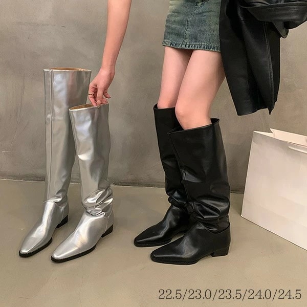 ロングブーツ ルーズ レディース シンプル 疲れない チャンキーヒール防寒 靴 歩きやすい 黒 シルバー ベージュ 太ヒール 春 秋 22.5 23.0 23.5 24.0 24.5 cm027t2t