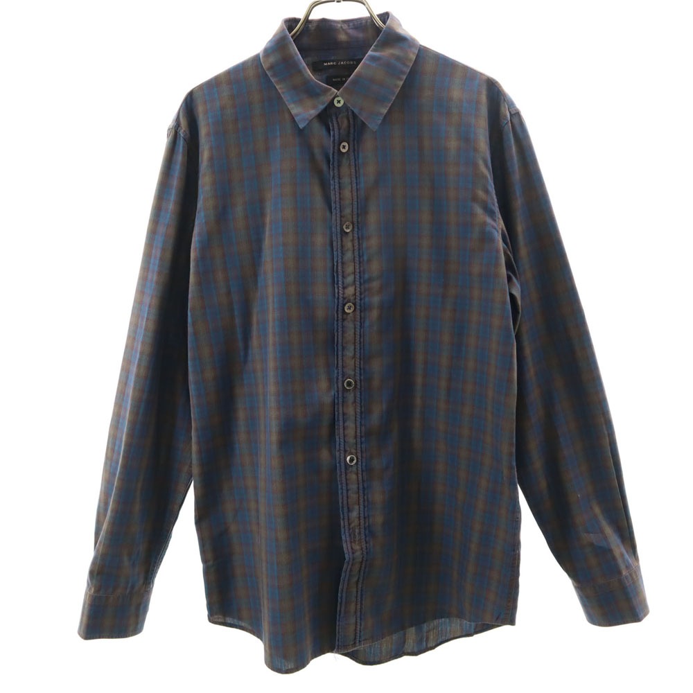 2011年モデル イタリア製 チェック柄 長袖 ボタンダウンシャツ 46 ブルー メンズ 古着