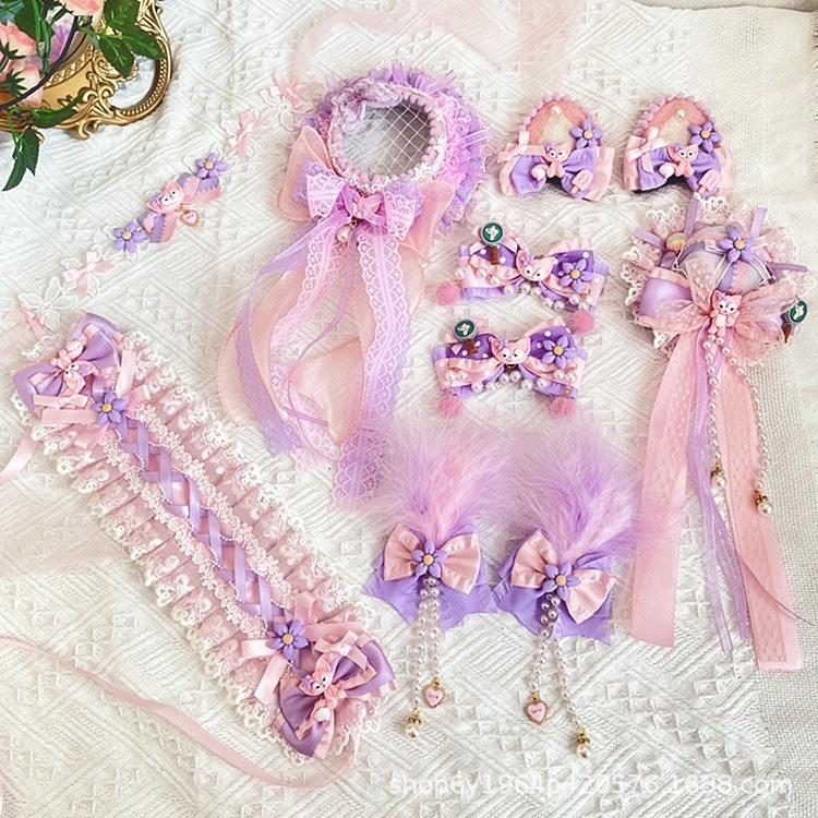 手作りリナベルカワシャダジペアピンクとパープルロリータ甘いレースヘッドバンド帽子子供用ネックレス