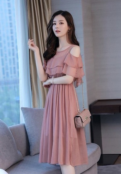 A1083.肩見せシースルーフレアワンピース（ピンク）2019 春夏 sale 春夏 sale ドレス フリル エレガント お呼ばれ 結婚式 披露宴 パーティー 女子会 レストラン デート