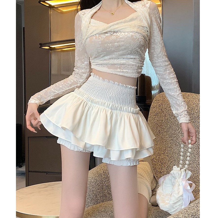 【1つ買うと10つ無料】女性用の純粋な光沢のあるフリルスカート夏のふくらんでいるスカートケーキスカート -アンチエッジアウルトラショートスカートパンツ