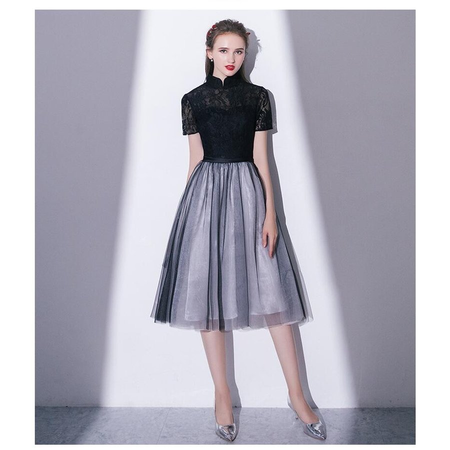 ミモレドレス 立ち襟 パーティードレス レディース Aラインワンピース ウエディングドレス 20代